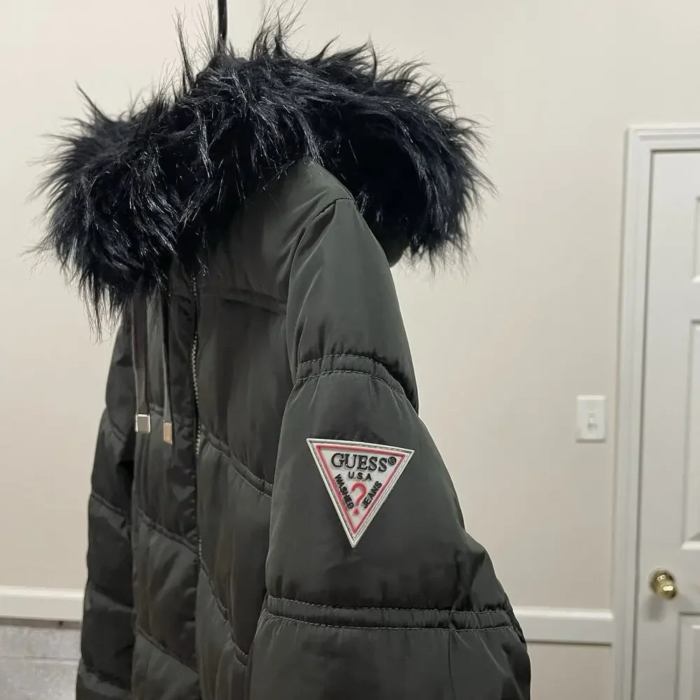 GUESS Puffer Coat Dark Green Women’s Medium Long Hooded Faux Fur Winter NWOT